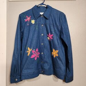 Alfred Dunner Denim Jacket Women Embroidery Beaded Floral size 8 Pockets